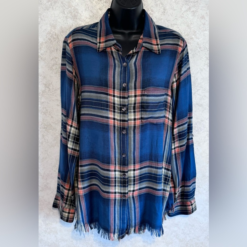 Karen Kane Long Sleeve Tunic Plaid Western Fringe Hem Boho Long Sleeve Large